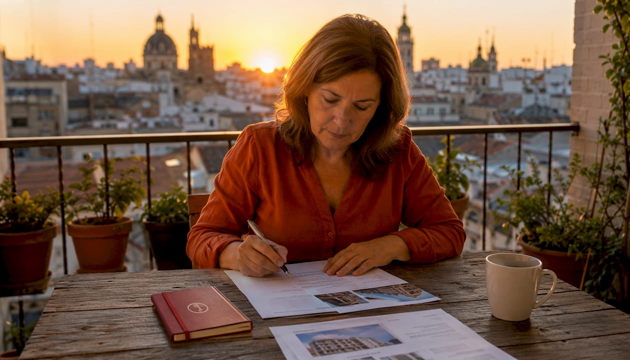 Una mujer examina detenidamente los informes de tasación de una propiedad.