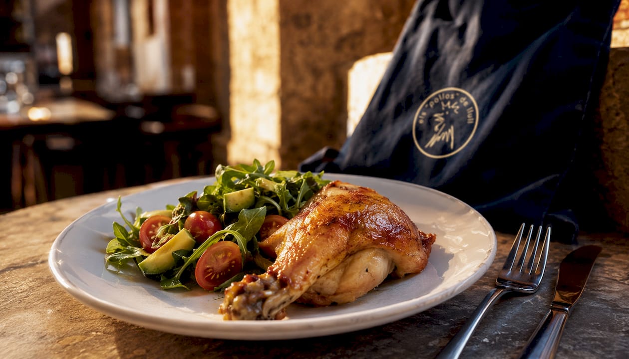 Pollo a l'ast al estilo keto acompañado de ensalada mediterránea