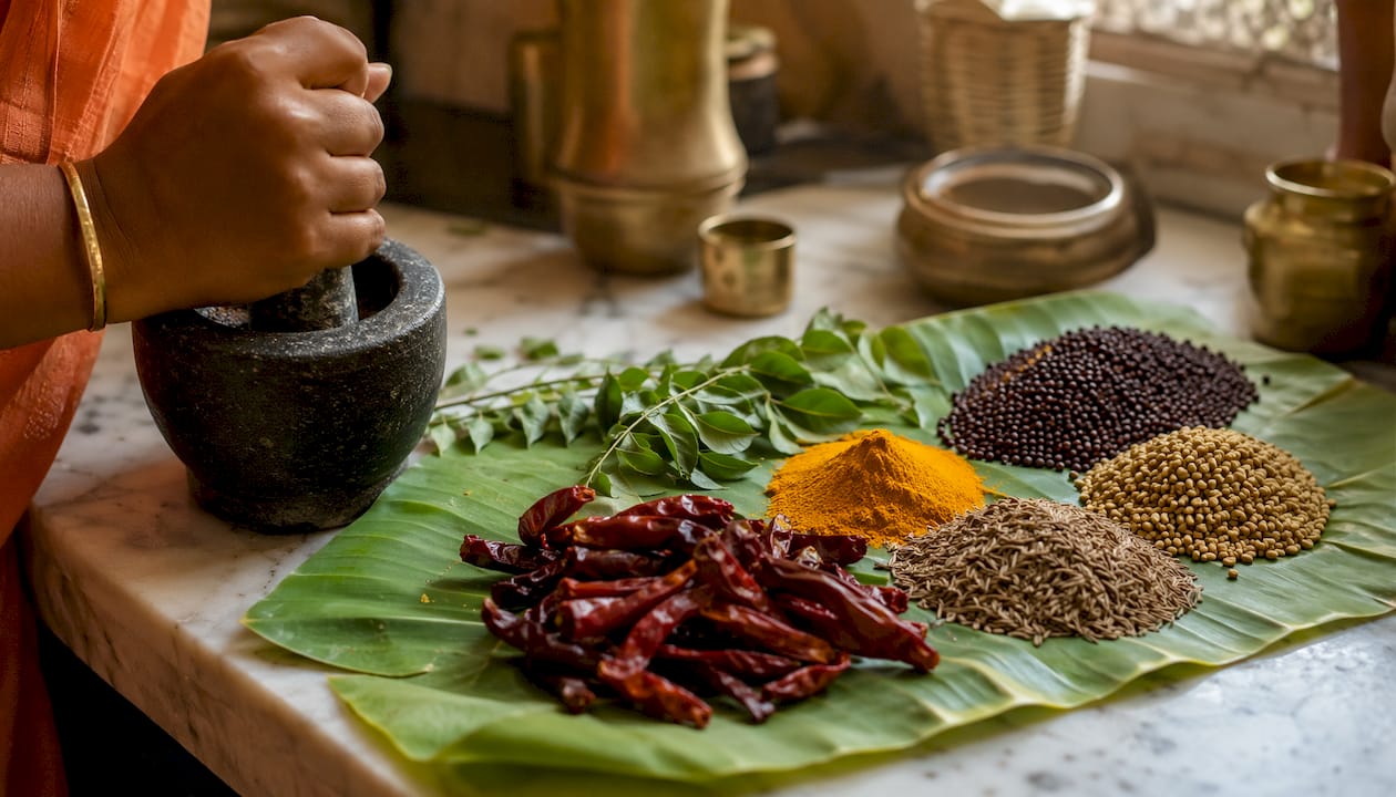 Especias tradicionales de la cocina tamil sobre una mesa rústica