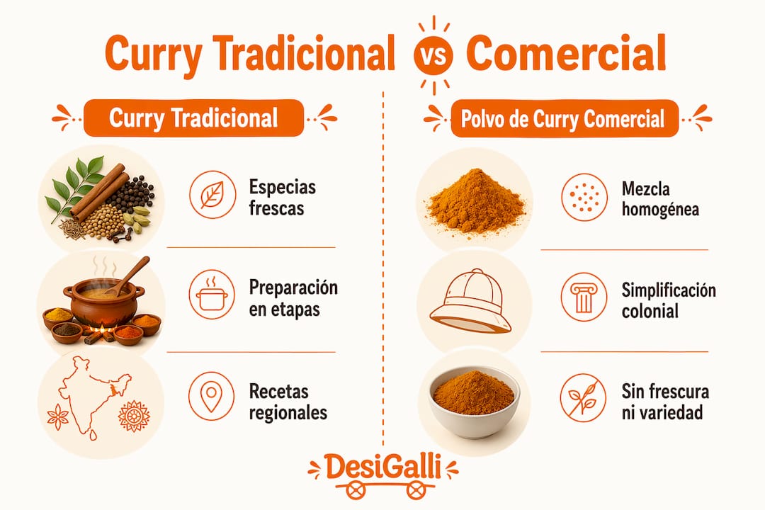 Infografía sobre las diferencias entre el curry tradicional y el curry en polvo industrial