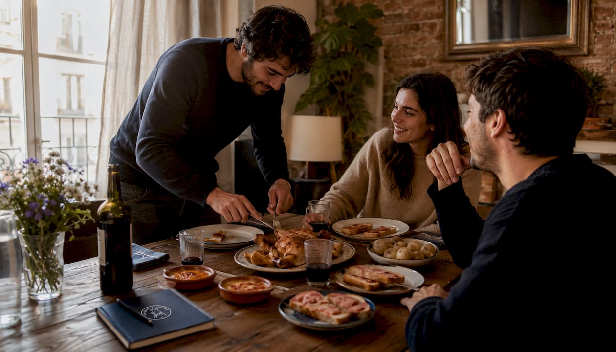 Un grupo de amigos disfruta de una cena catalana informal alrededor de la mesa en casa.