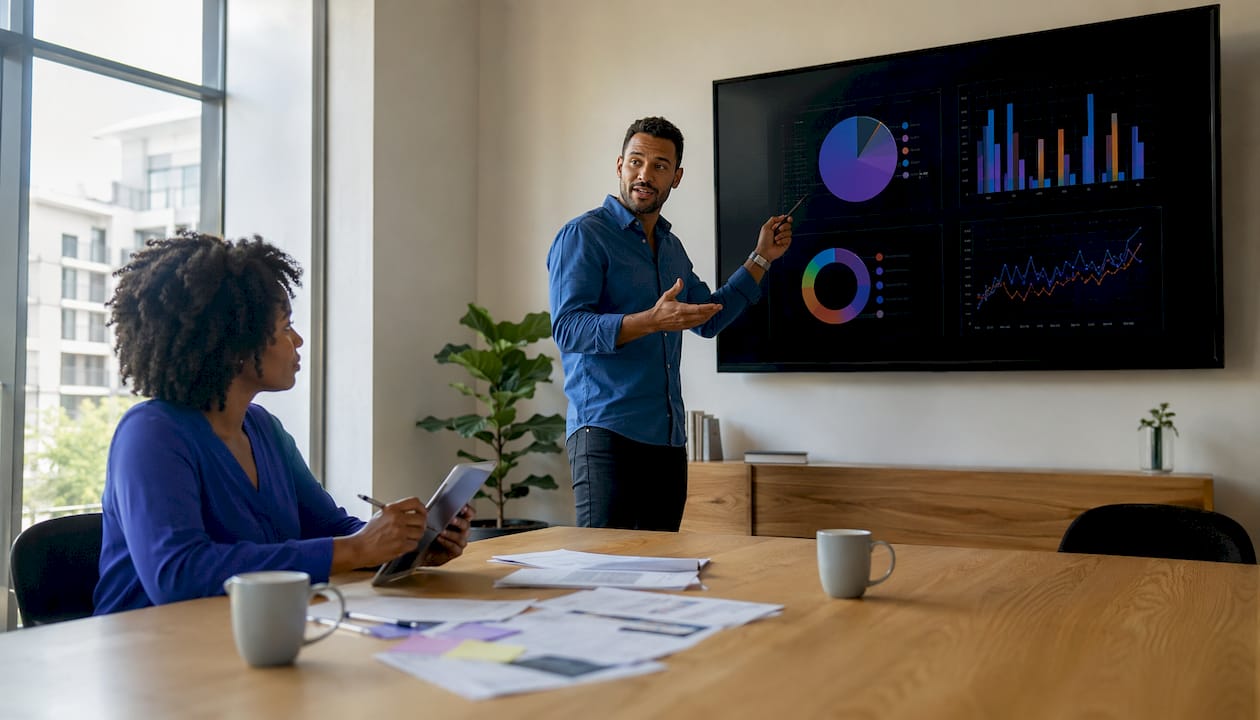 L’équipe marketing échange sur la mise en place d’une stratégie d’intelligence artificielle hybride adaptée au contexte local.