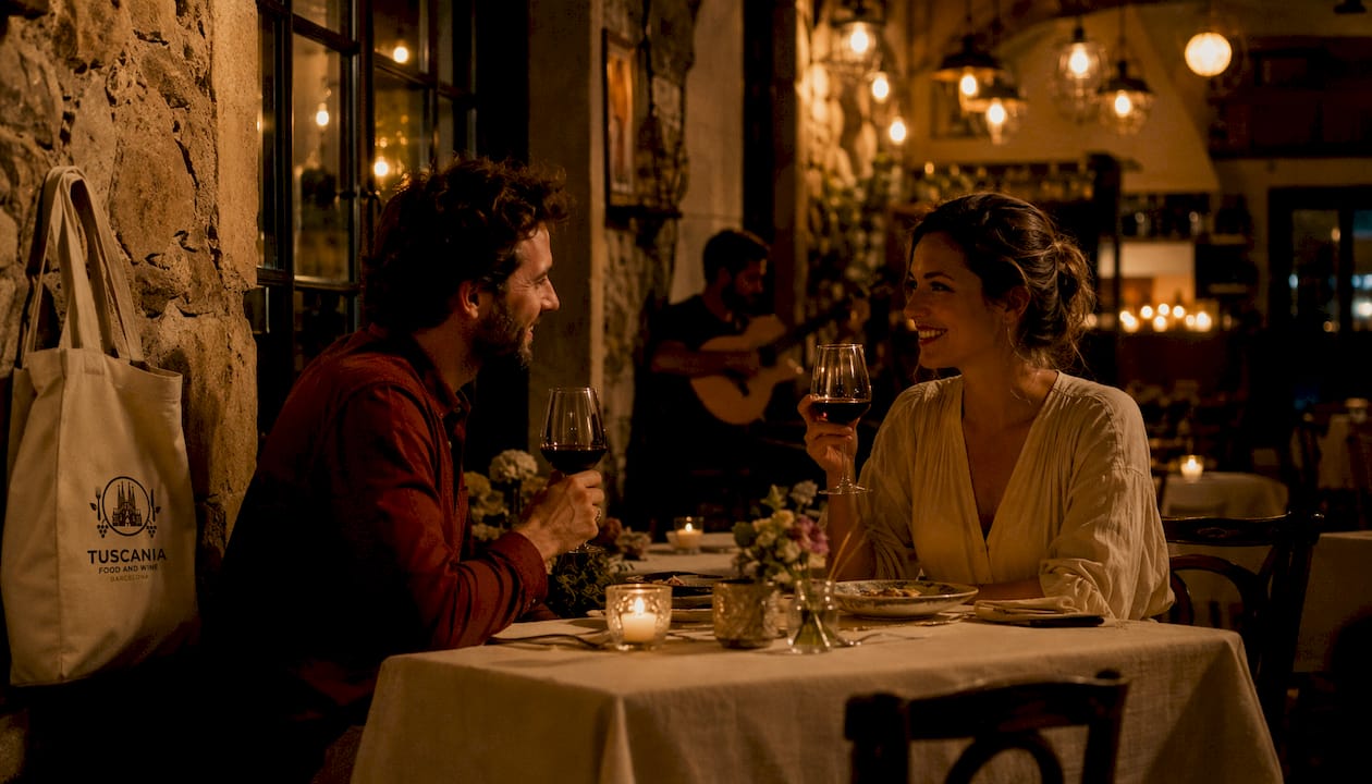 Una cena romántica en un restaurante acogedor, con luces suaves que crean un ambiente íntimo.