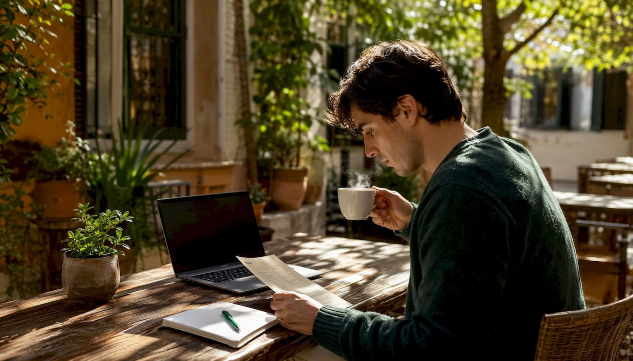 Man checking restaurant hours on phone outdoors