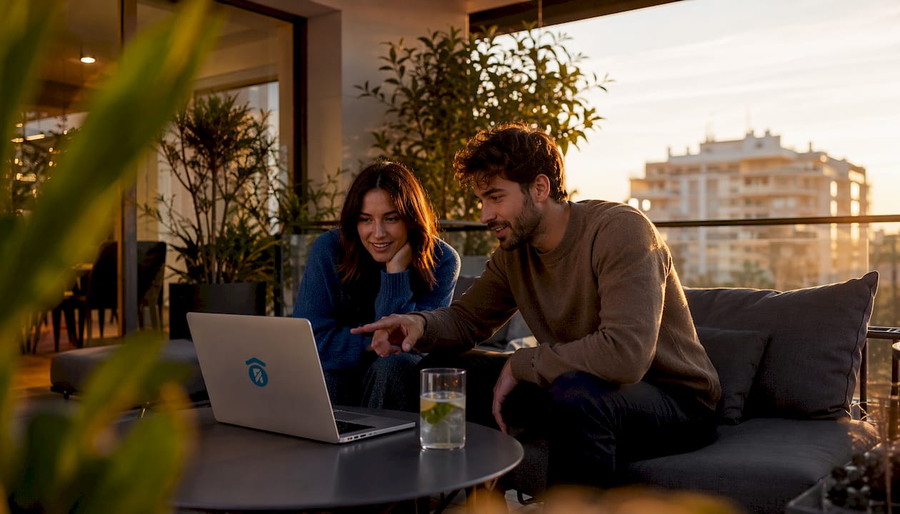 Una pareja disfruta de un recorrido virtual desde el salón usando su portátil