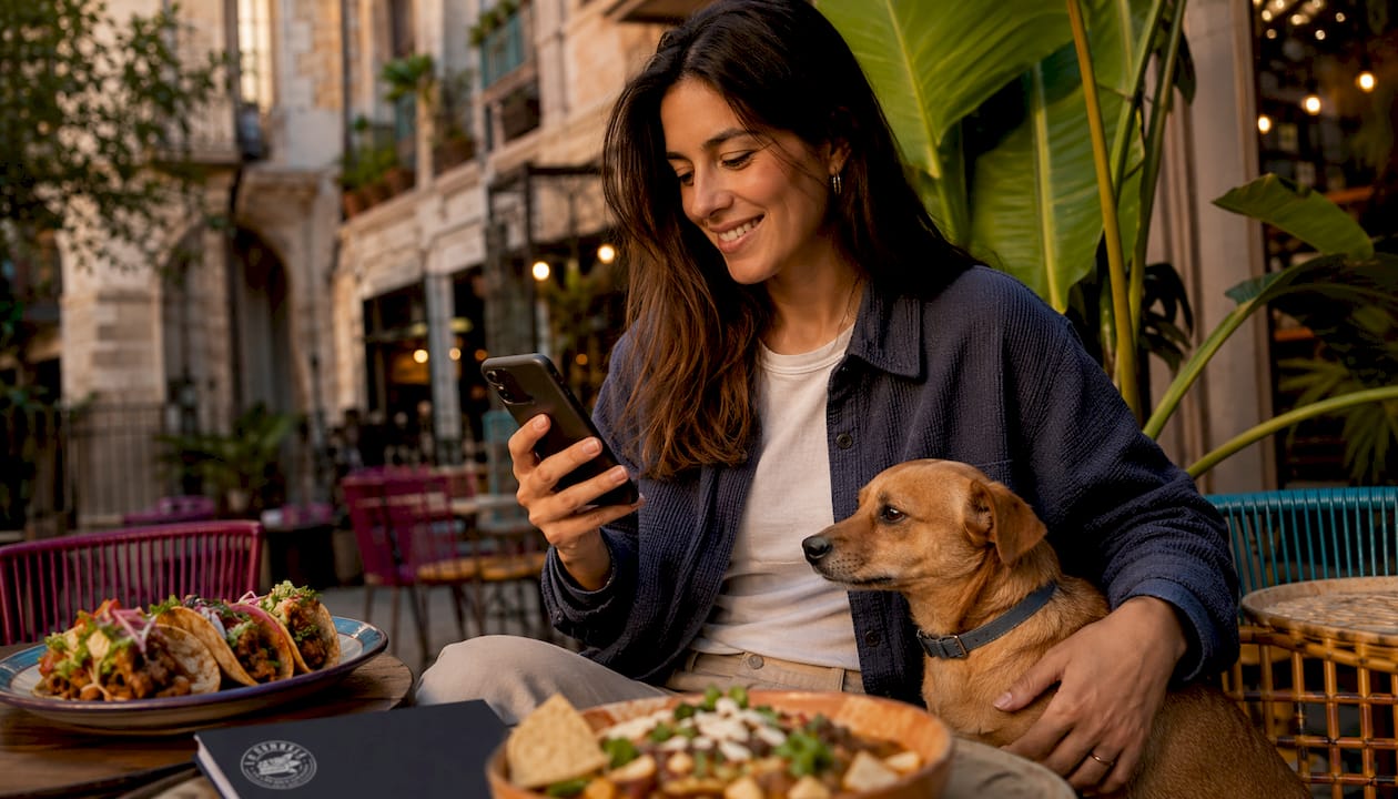 Una mujer consulta en su móvil restaurantes en México donde pueda ir con su perro mientras está al aire libre.