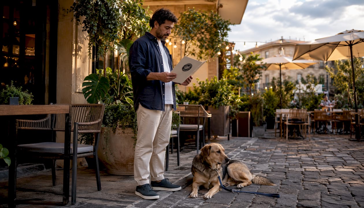Hombre acompañado de su perro revisa el menú de un restaurante mexicano donde las mascotas son bienvenidas.