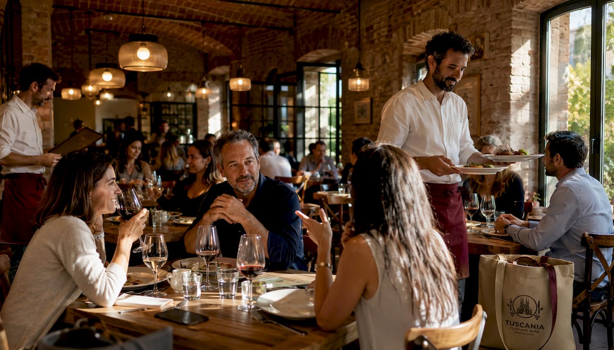 Ambiente animado en el interior de un restaurante lleno de gente en Barcelona.