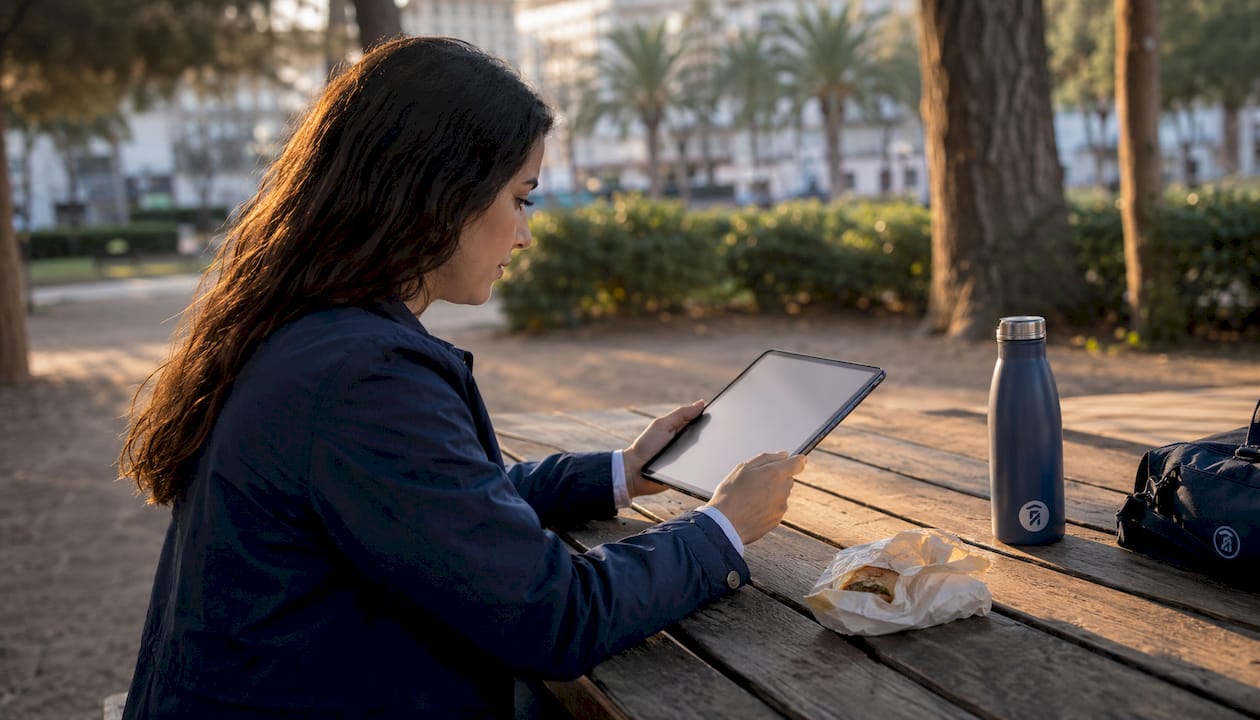 Joven profesional revisando anuncios de pisos en su tablet mientras toma un café