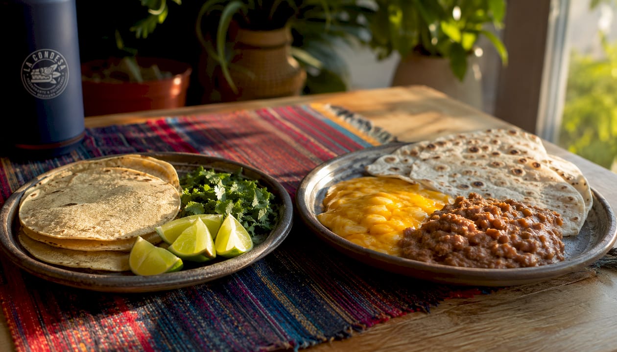 Detalle de ingredientes típicos: maíz mexicano y productos de harina al estilo Tex-Mex