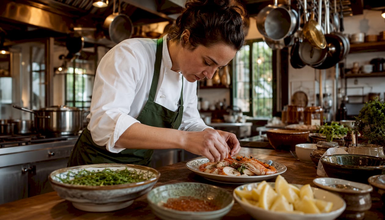 Chef plating local seafood dish in restaurant kitchen