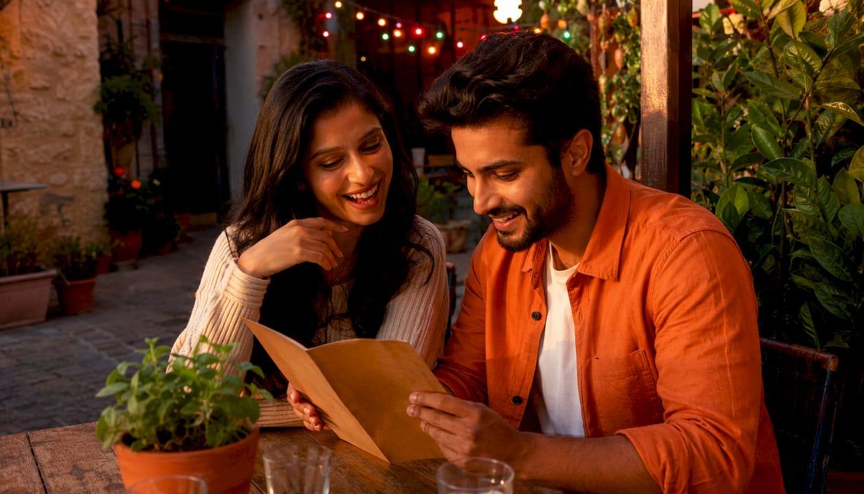 Una pareja revisa la carta en un restaurante de comida india.