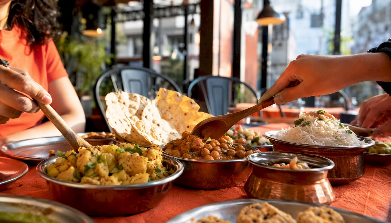 Mesa repleta de una selección de platos veganos típicos de la India