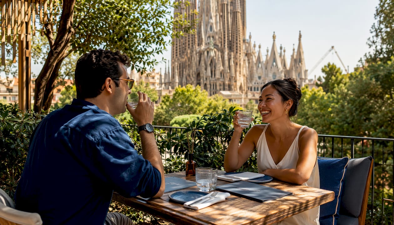 Couple dining on terrace near Sagrada Família