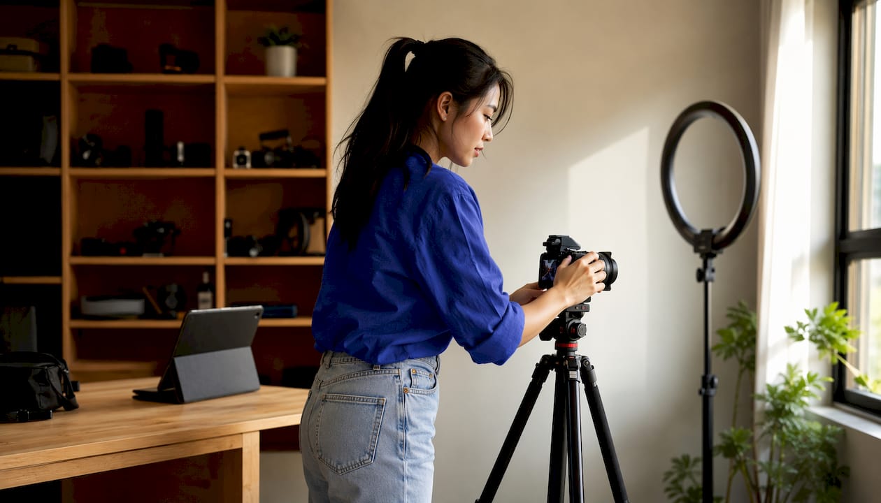 Une femme règle son appareil photo pour tourner une vidéo destinée à TikTok.