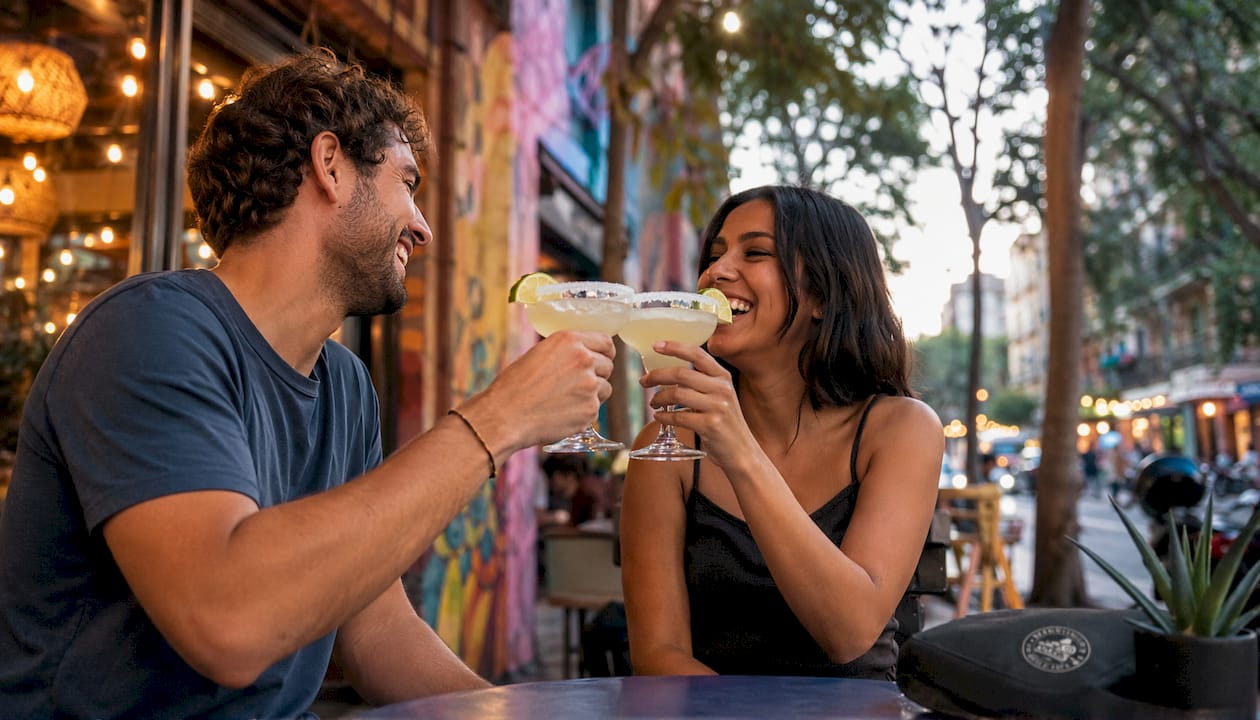 Un grupo de amigos se lo pasa en grande tomando margaritas en un bar de Barcelona.