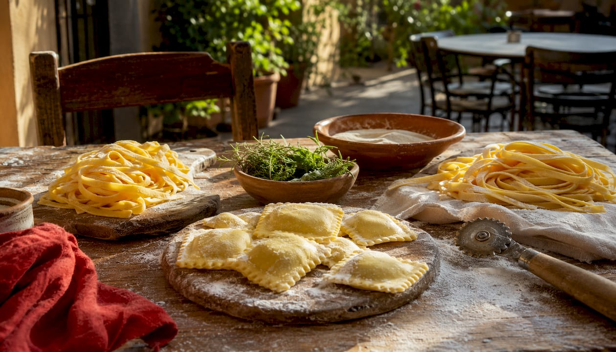 Una selección de pastas frescas dispuestas sobre una mesa de madera