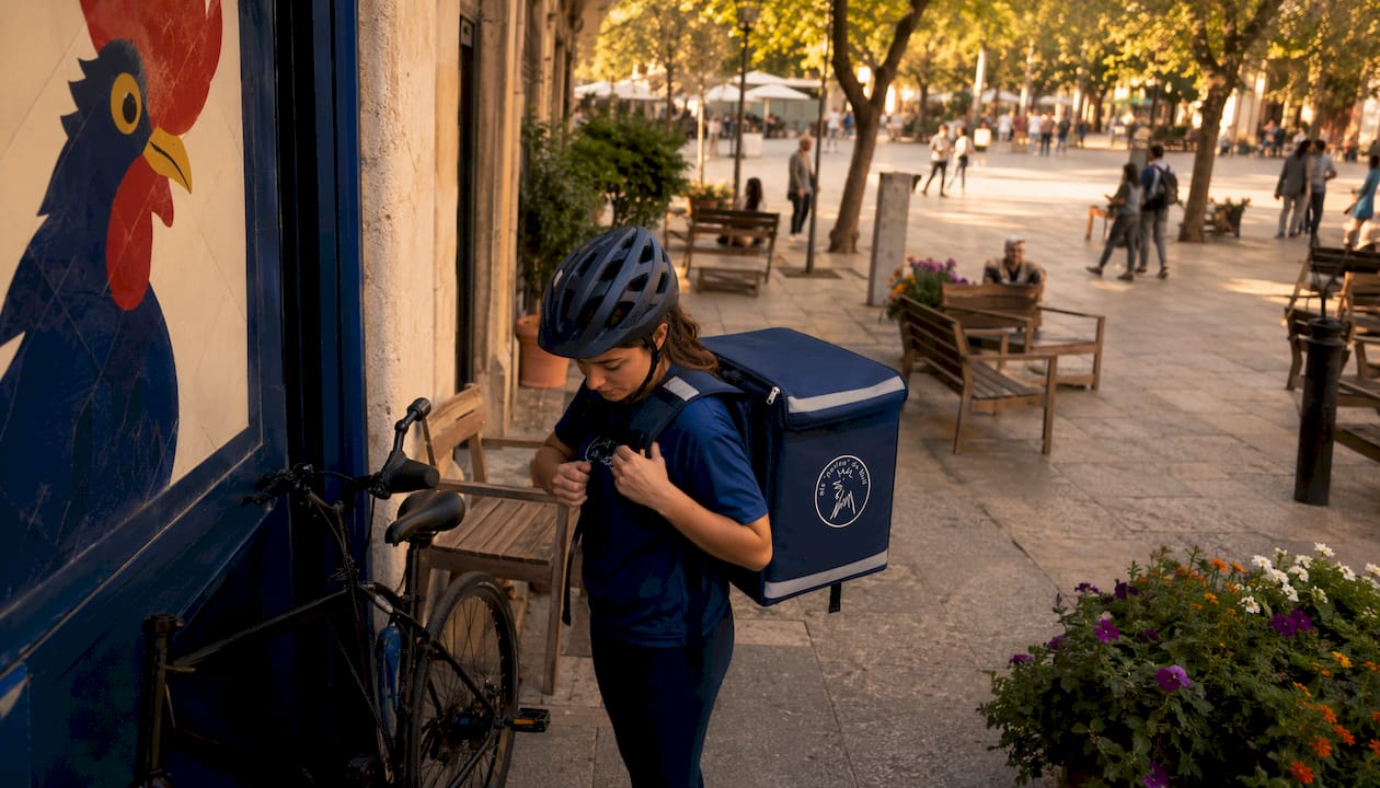 Chica repartidora lista para salir en su bici y entregar pedidos