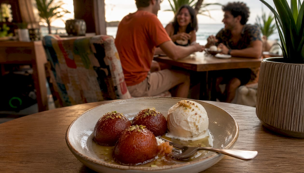 Gulab Jamun servido con una bola de helado