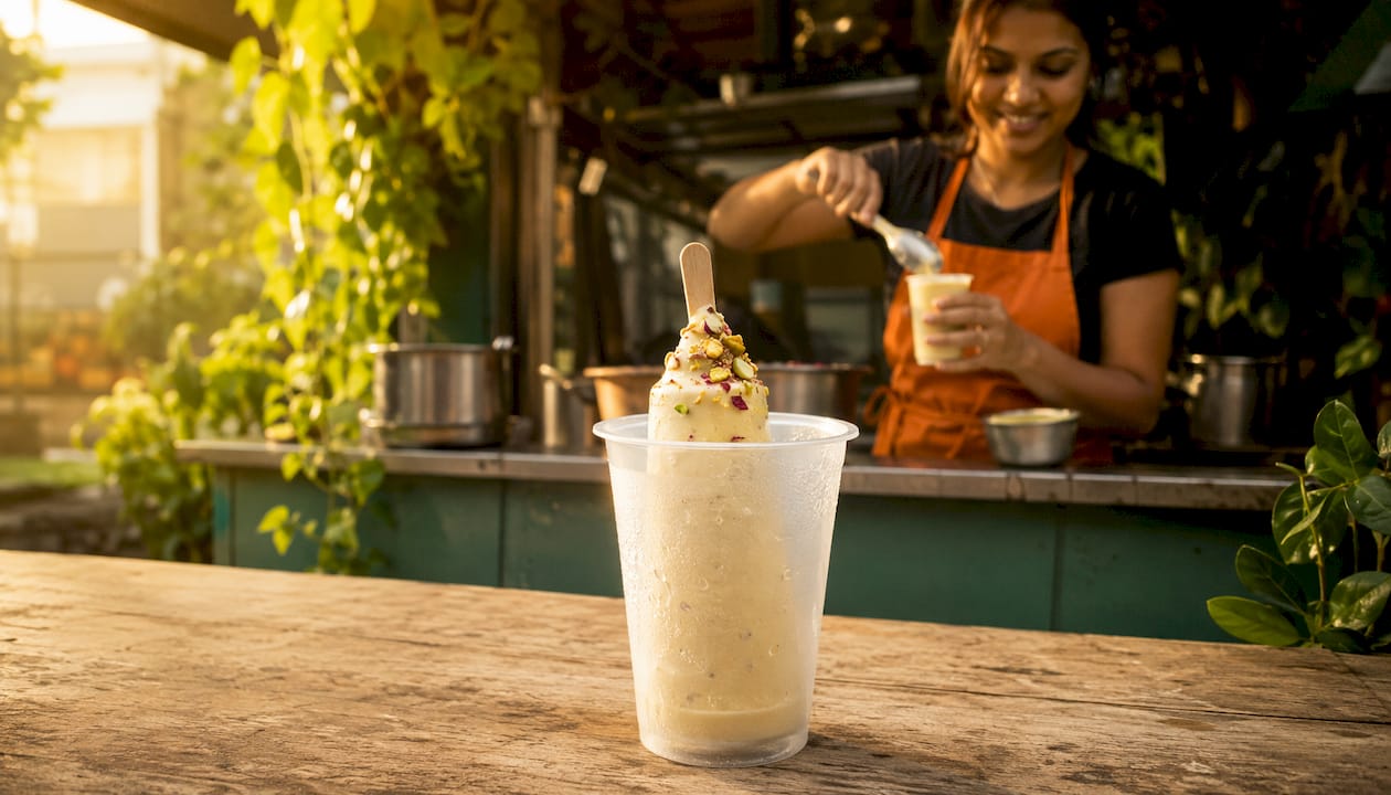Un vaso de kulfi típico servido en el mostrador