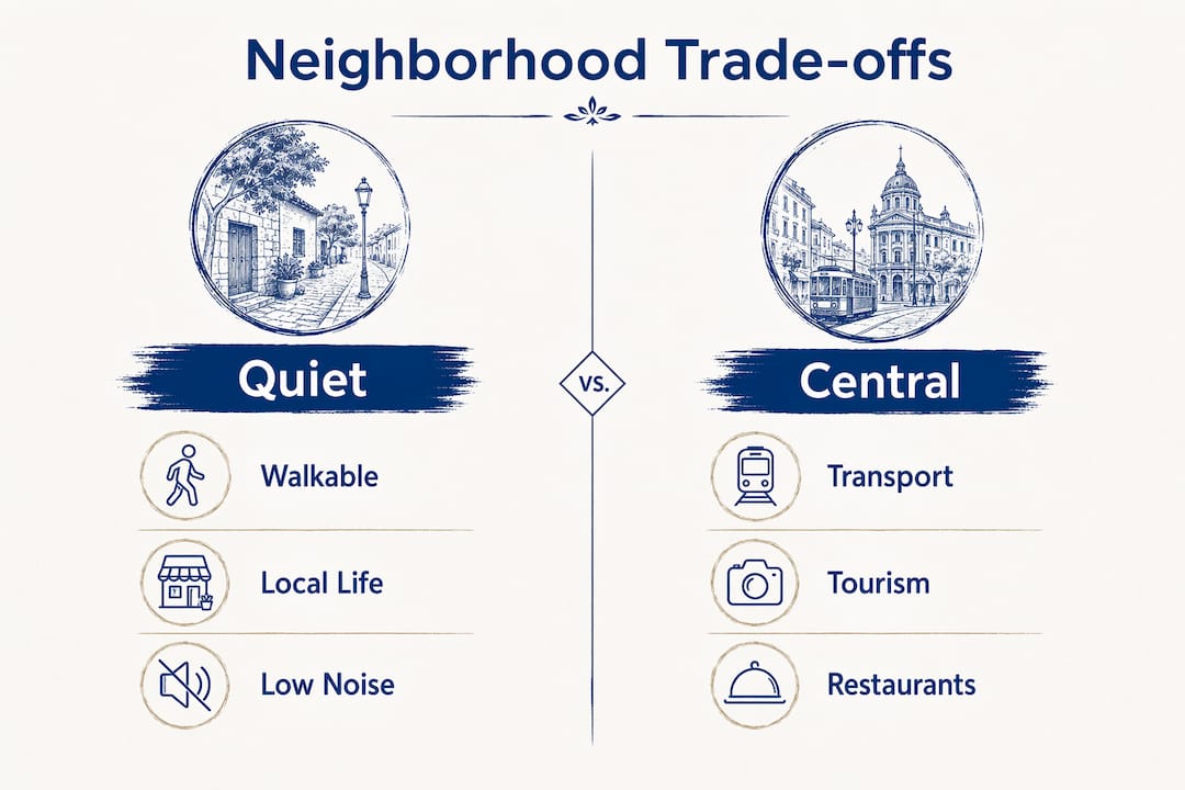 Infographic comparing quiet versus central Barcelona neighborhoods
