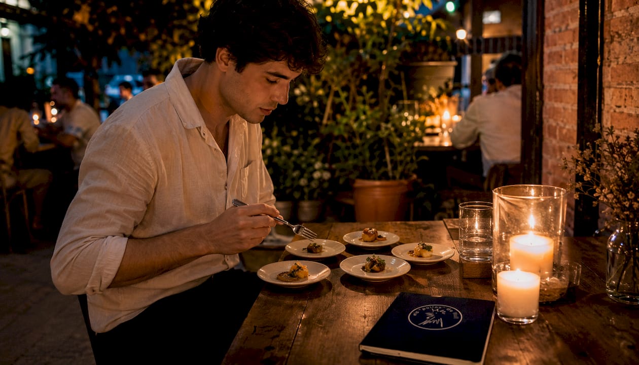 Comensal disfrutando de una degustación de pequeños platos gourmet