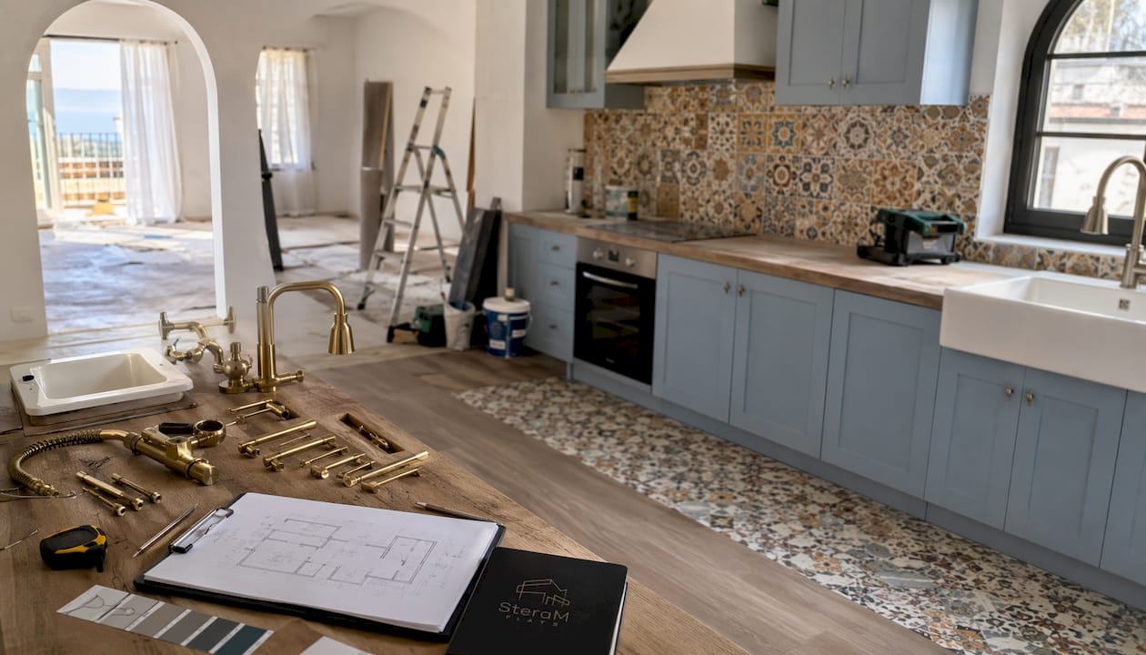 Mid-stage kitchen renovation with materials