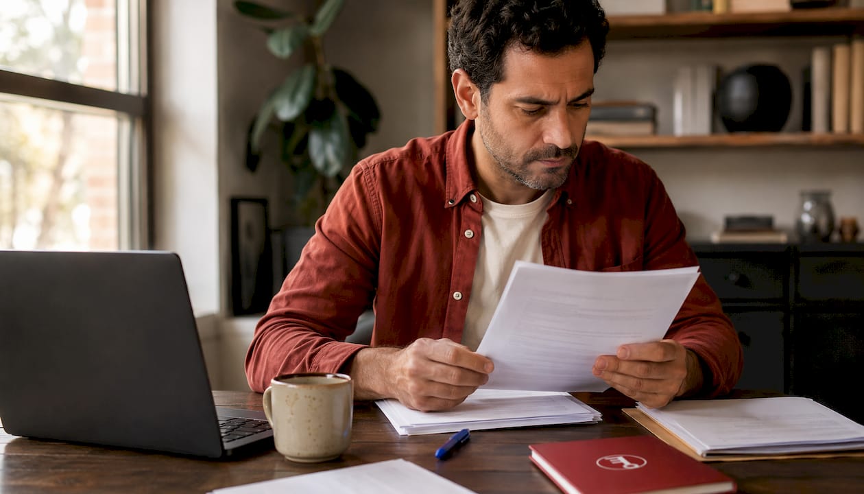 Una persona revisa cuidadosamente papeles legales en su despacho.