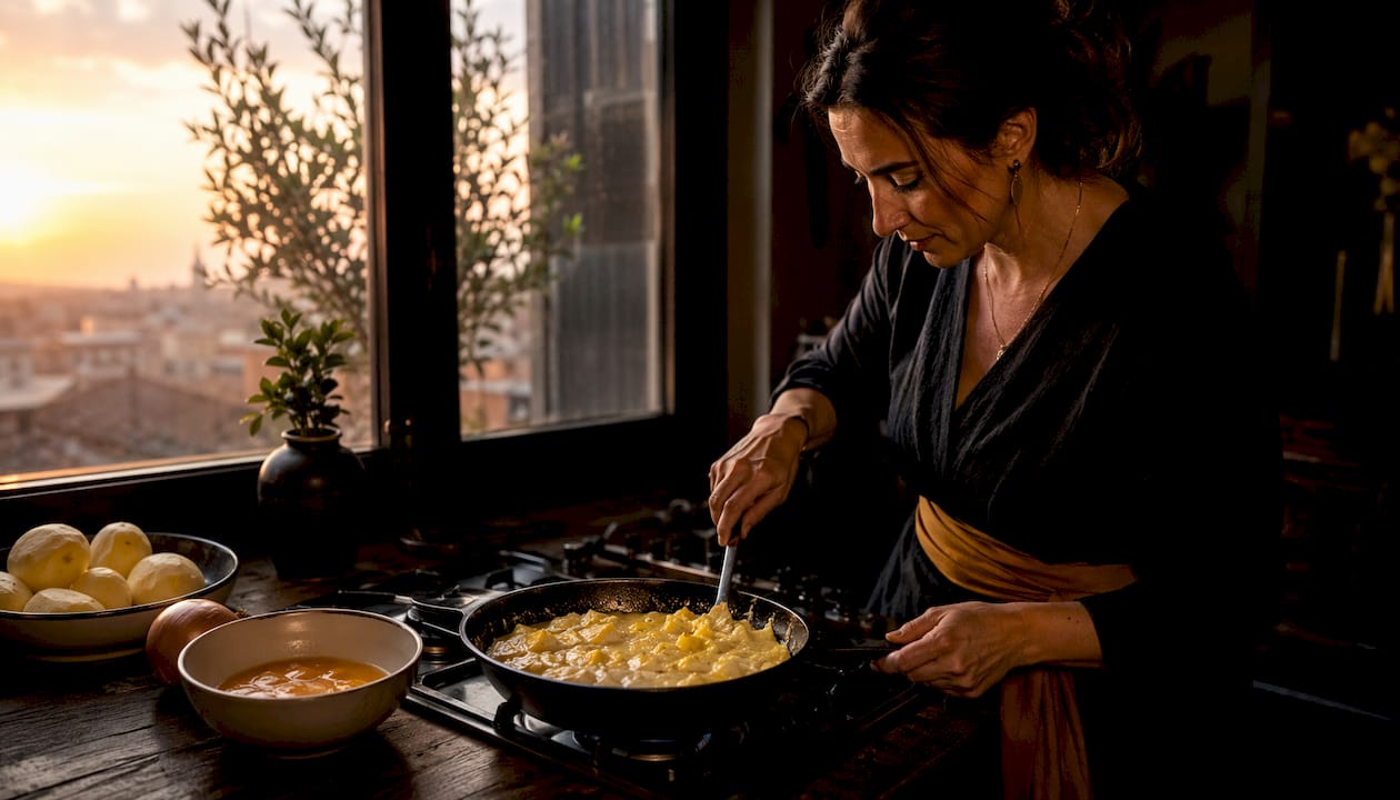 Unas manos preparan una auténtica tortilla de patatas, como se ha hecho siempre en casa.