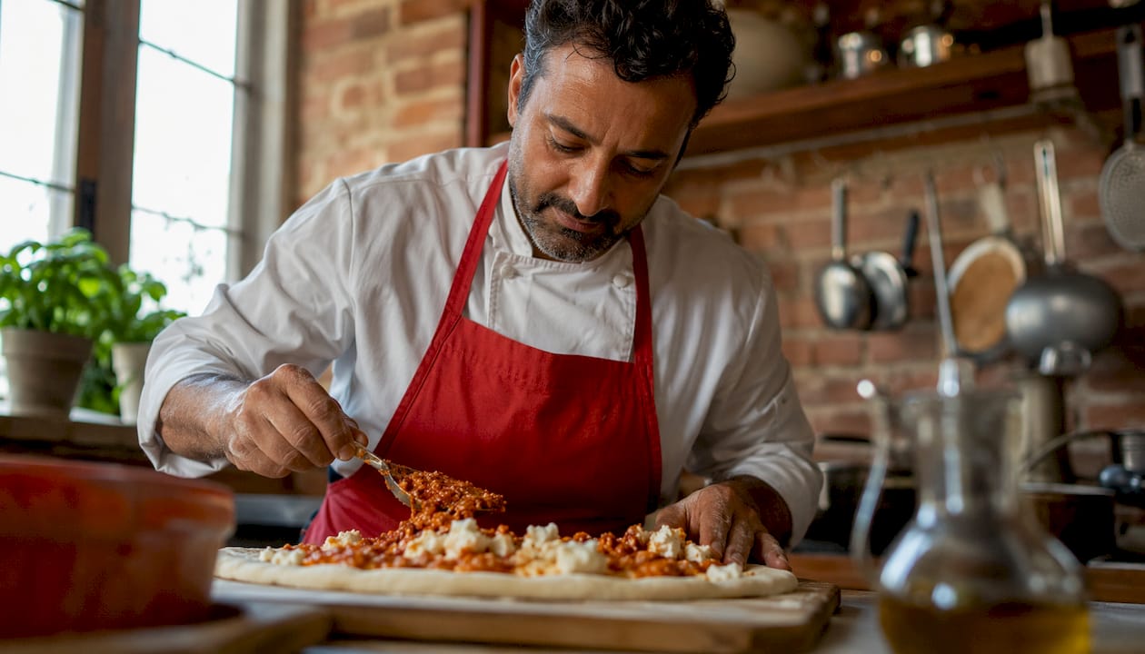 Cocinero elaborando una pizza de nduja y ricotta