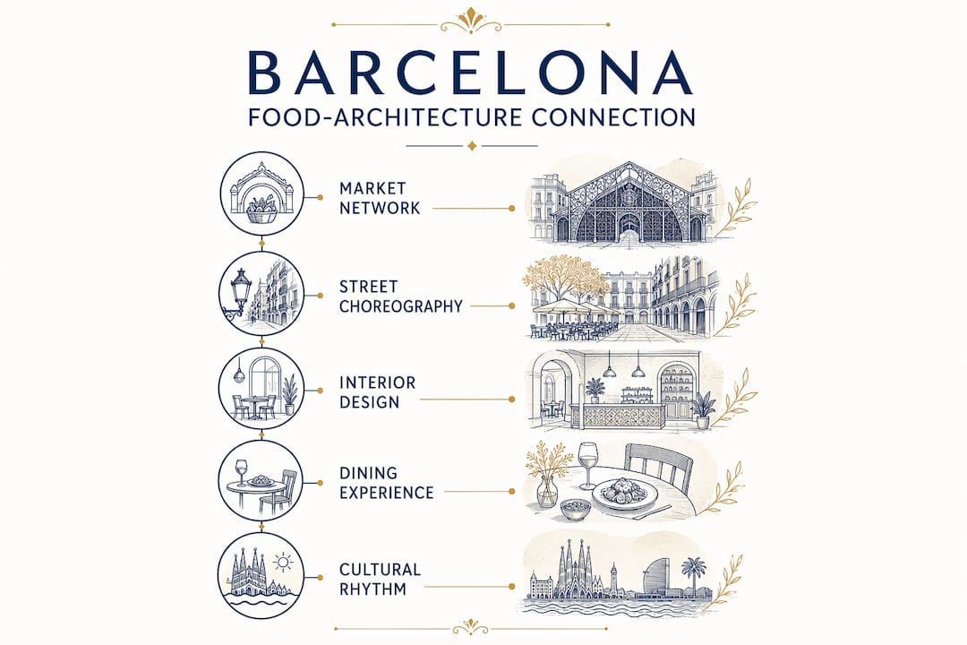 Infographic showing key points of Barcelona food and architecture connection