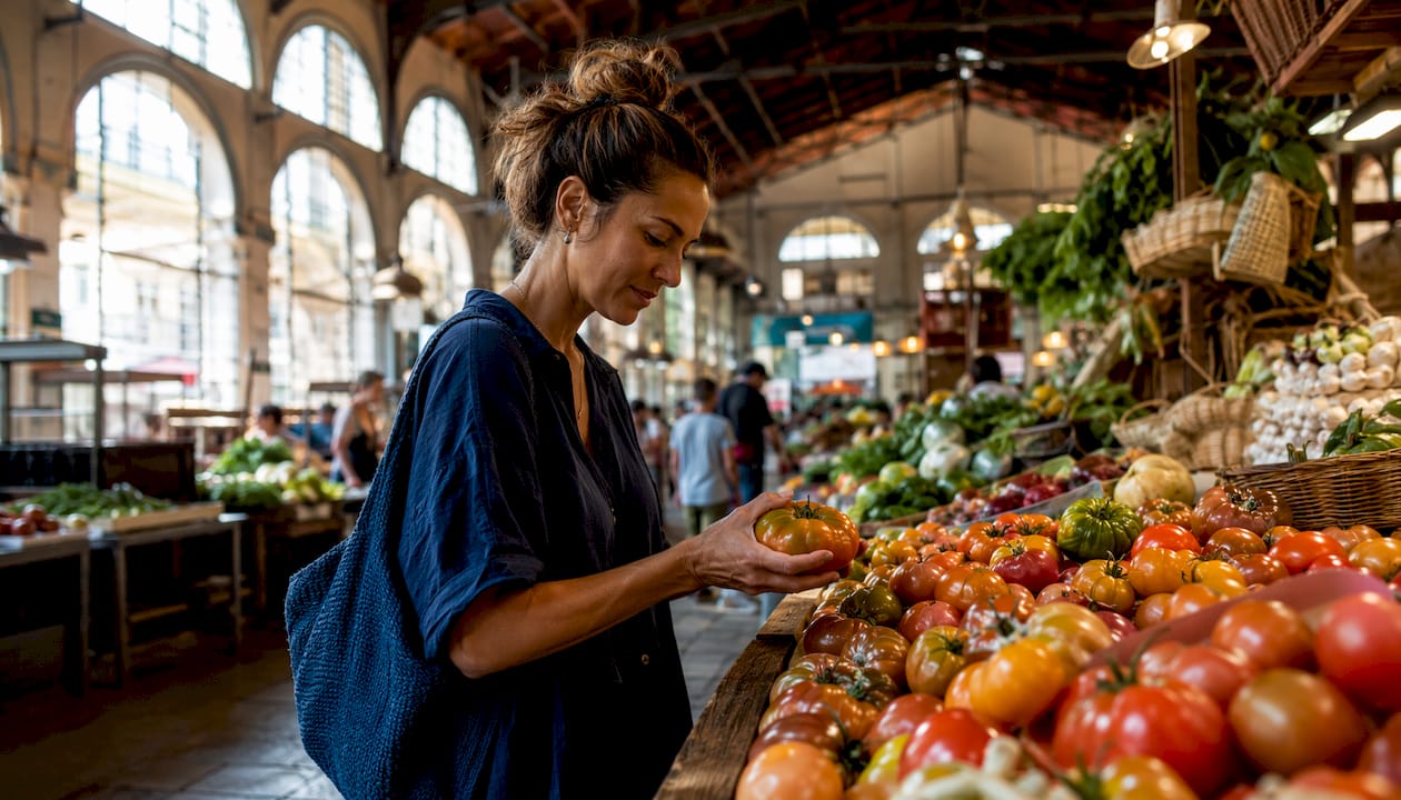 Shoppers inside Barcelona market hall selecting produce