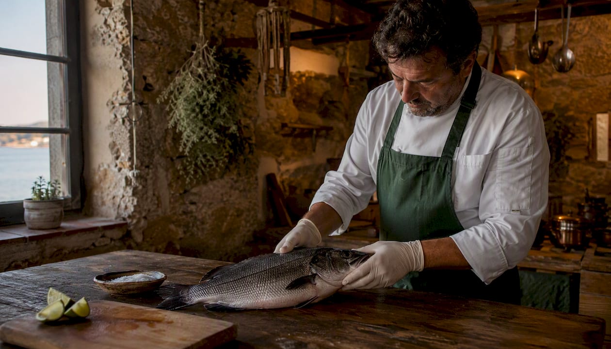 Chef examining whole fresh fish in kitchen