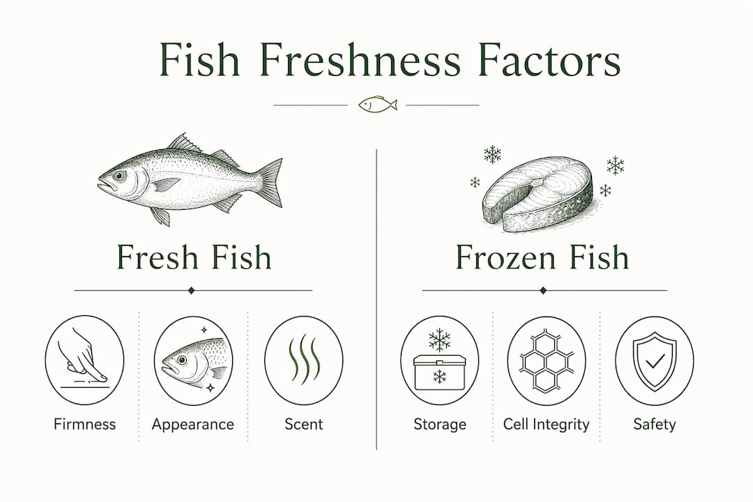 Infographic comparing fresh and frozen fish quality factors