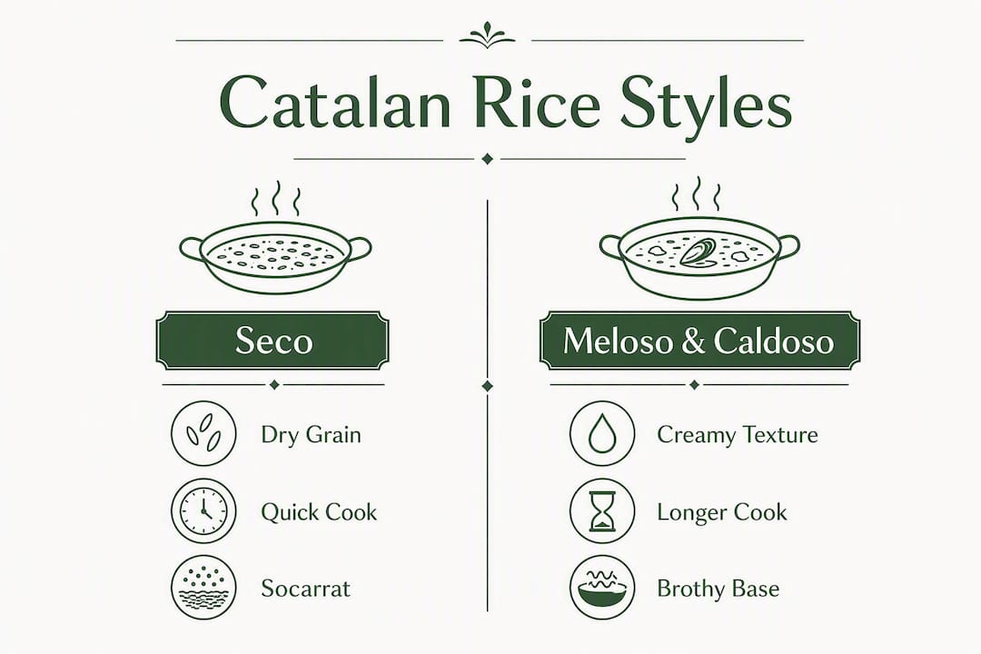Infographic comparing seco versus meloso and caldoso rice styles