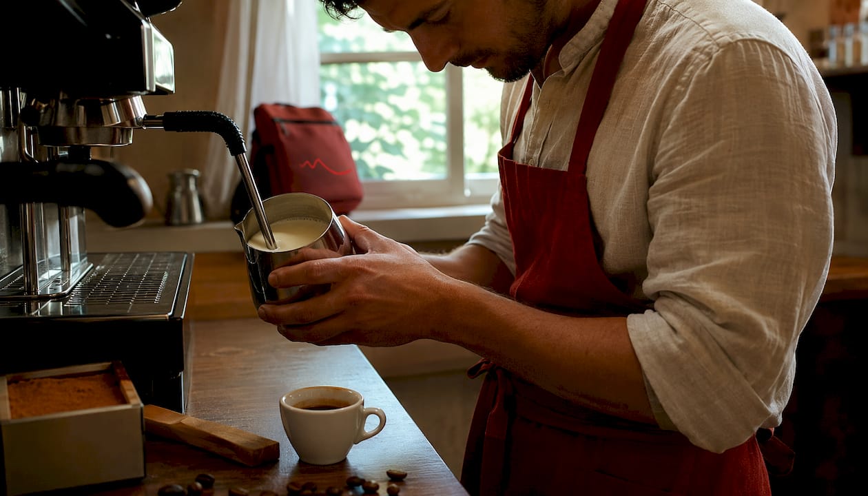 Barista espumando leche para preparar un cappuccino