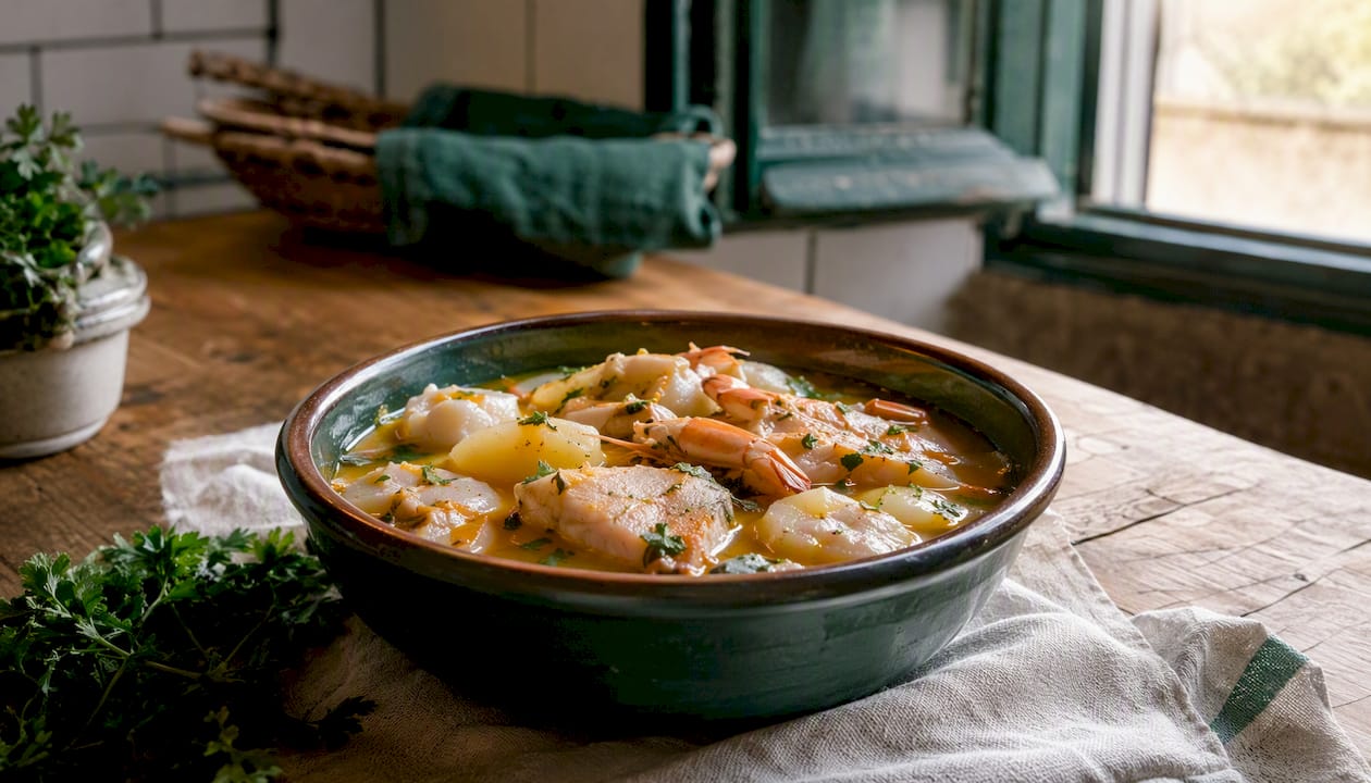 Close-up of traditional Catalan fish stew in bowl