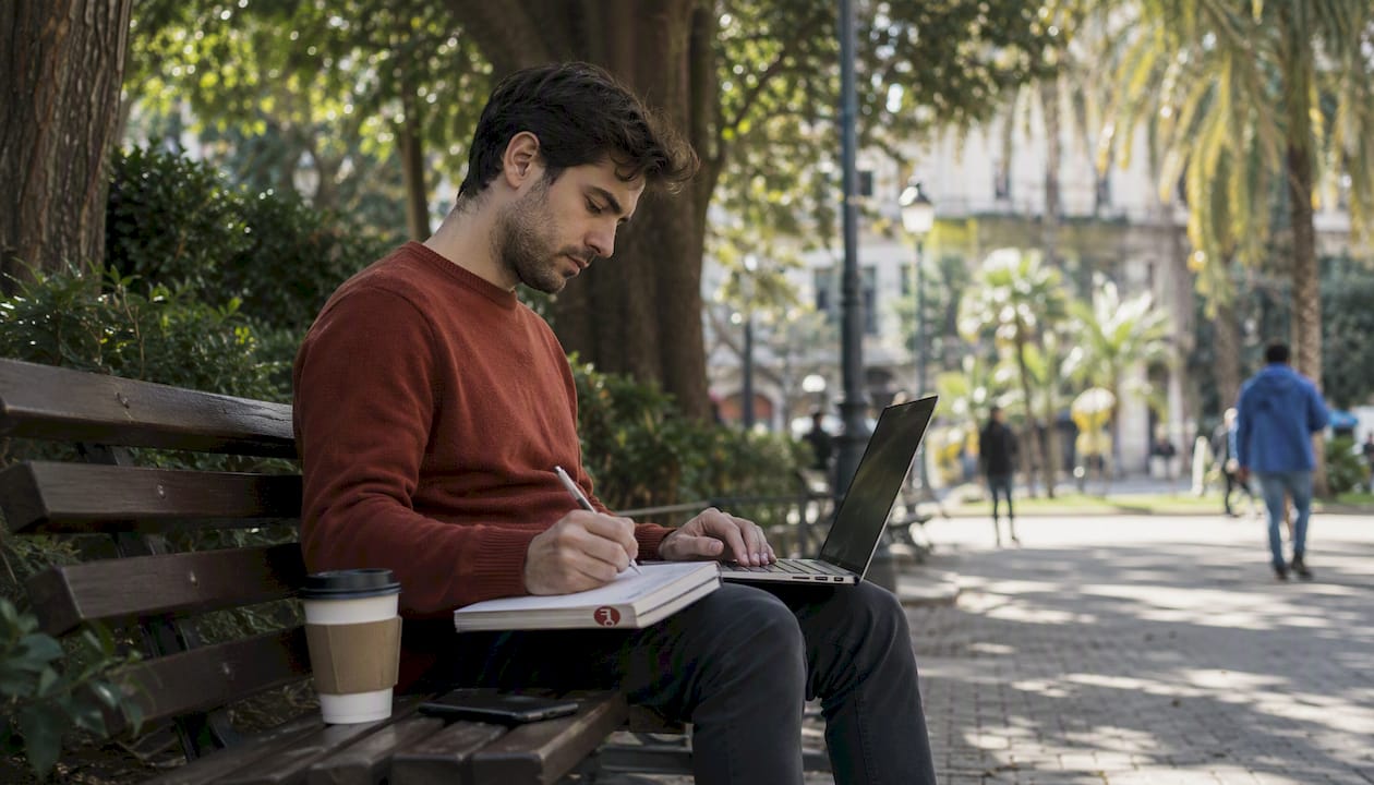 Un hombre revisa anuncios de negocios en venta desde su ordenador portátil.