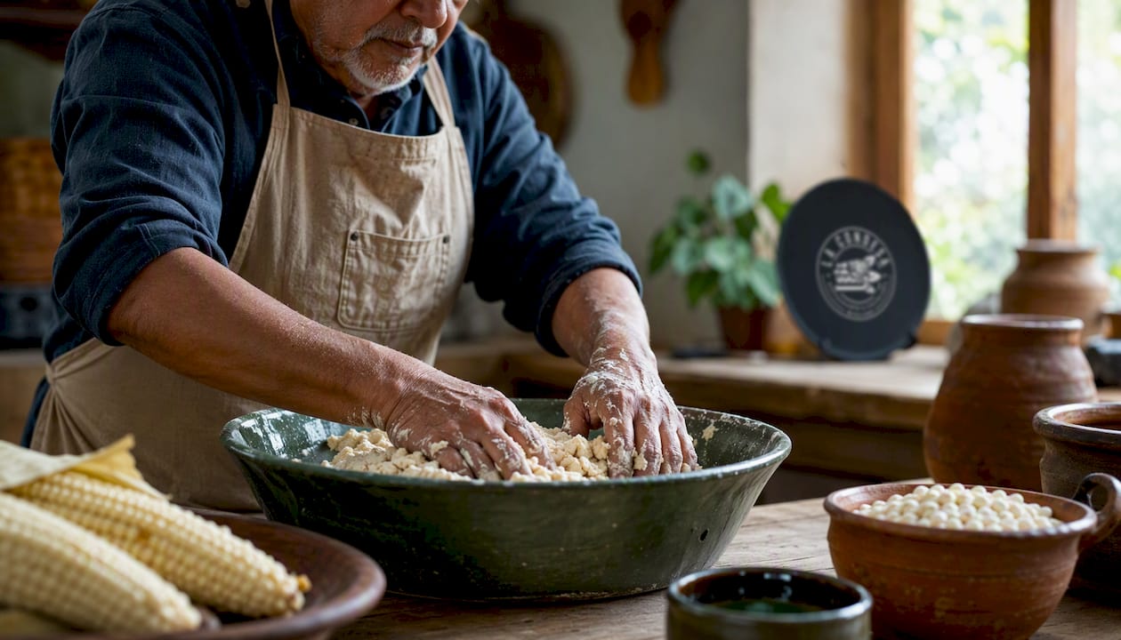 Unas manos trabajando la masa de nixtamal en un recipiente