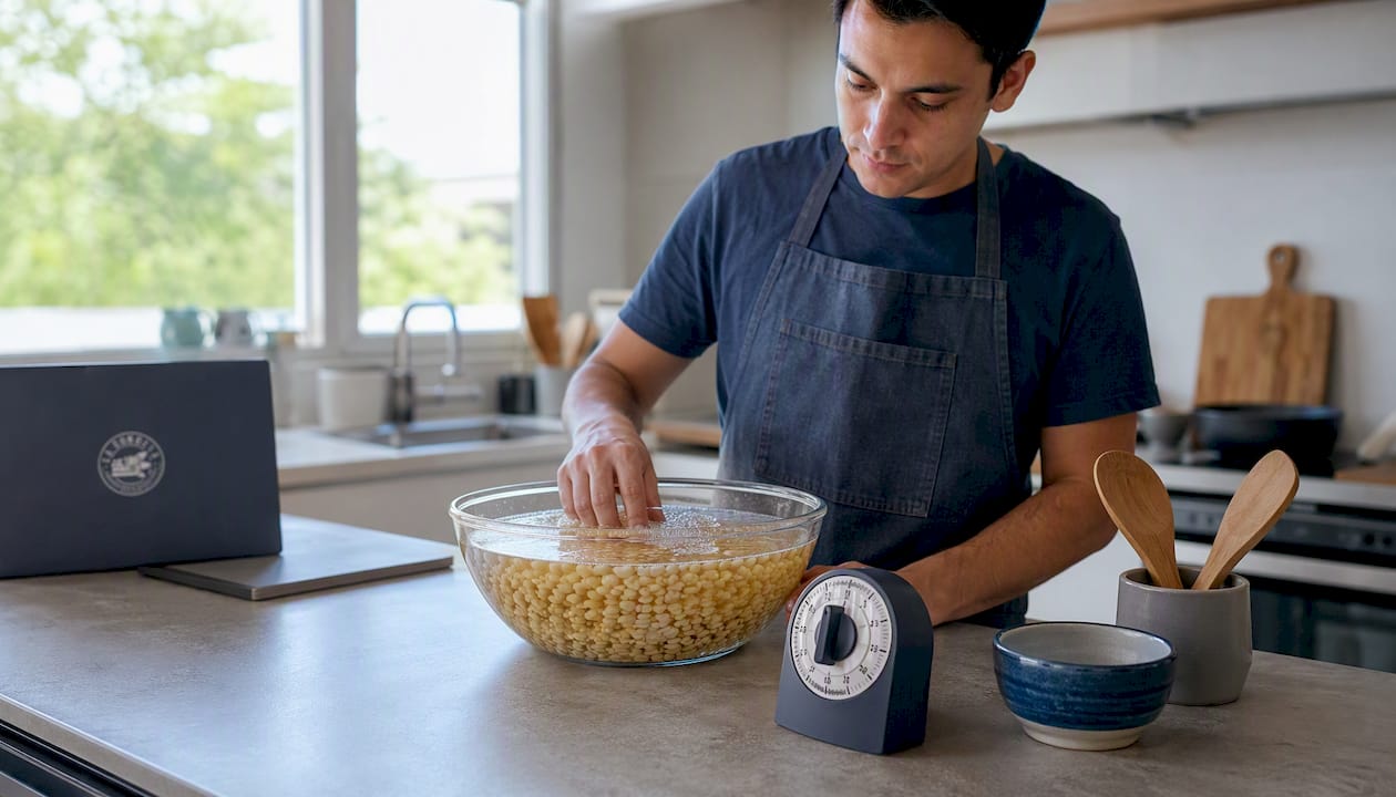 En la cocina de casa, el reloj marca el tiempo mientras el maíz se hidrata en agua con cal, preparándose para la próxima receta.