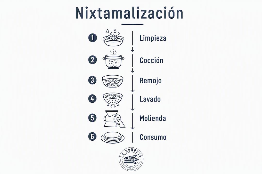 Infografía que explica de manera visual cómo se realiza la nixtamalización paso a paso y destaca sus principales ventajas para la salud y la alimentación.