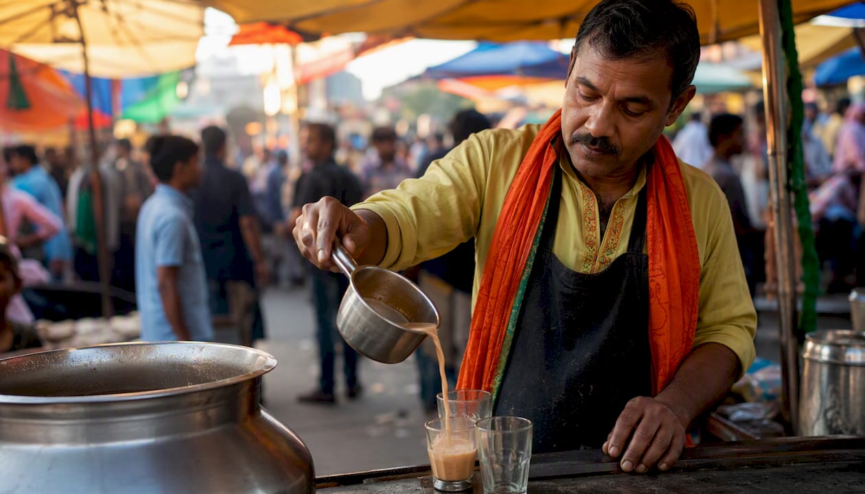 Un vendedor de chai prepara y sirve masala chai a los clientes en pleno mercado.