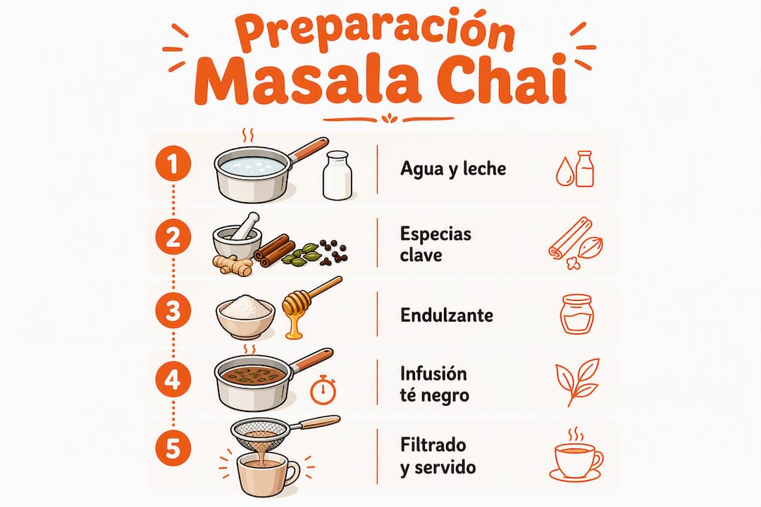 Guía visual con los pasos esenciales para preparar un auténtico masala chai
