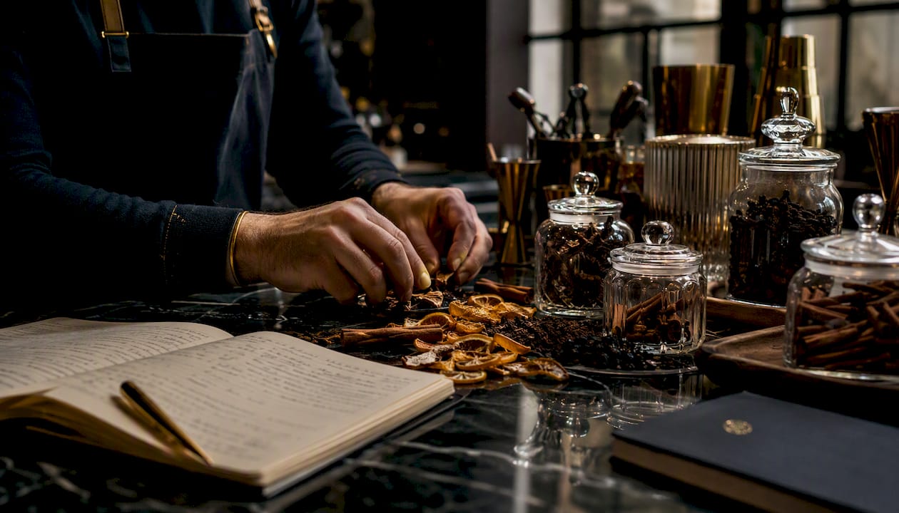 Manos seleccionando y mezclando hierbas aromáticas para preparar un buen vermut