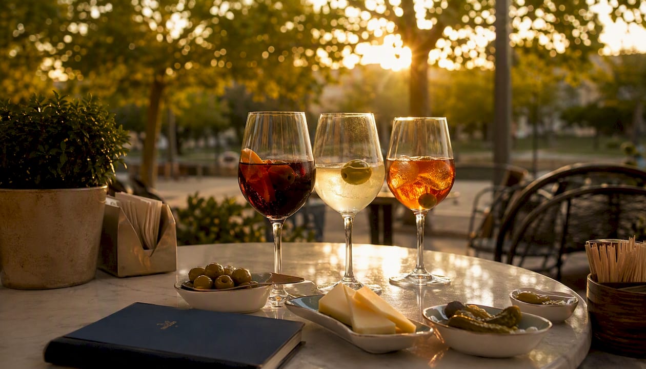 Unas cañas de vermut y unas tapas en un bar típico español