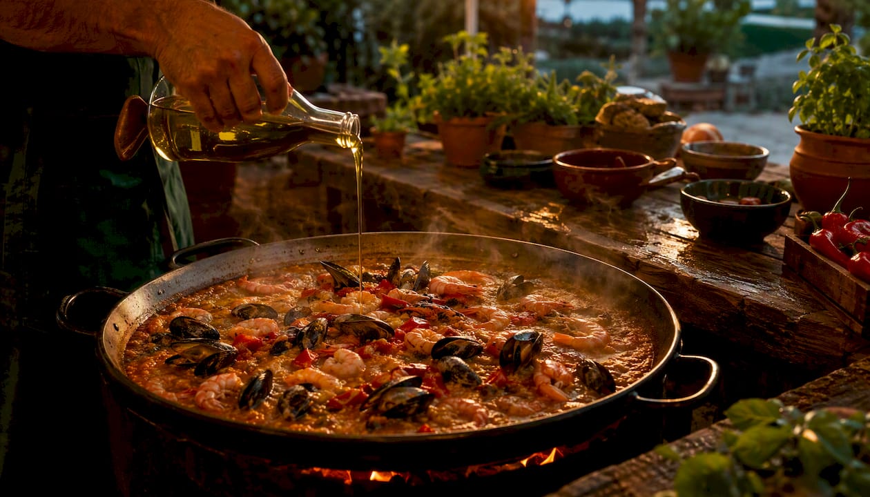 Close-up of bomba rice with seafood paella