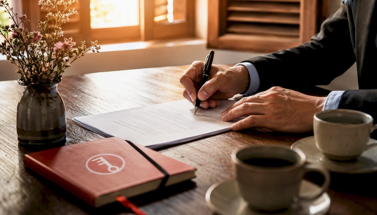 Firma de un contrato de compraventa inmobiliaria en una mesa iluminada por luz natural
