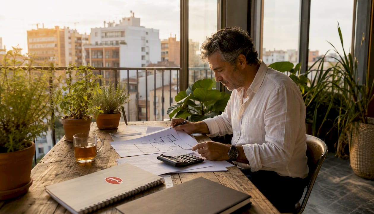 Un asesor inmobiliario revisa el valor de una propiedad desde su despacho.