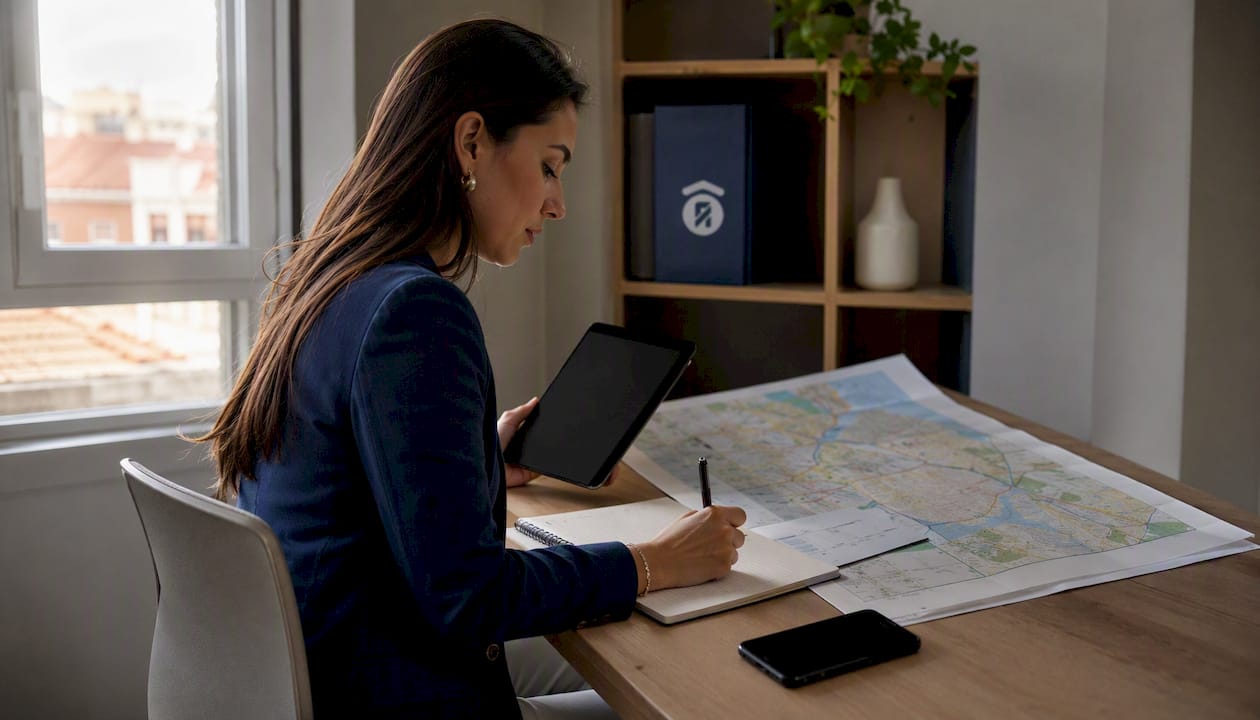 Mujer organizando la búsqueda de su chalet desde una tablet