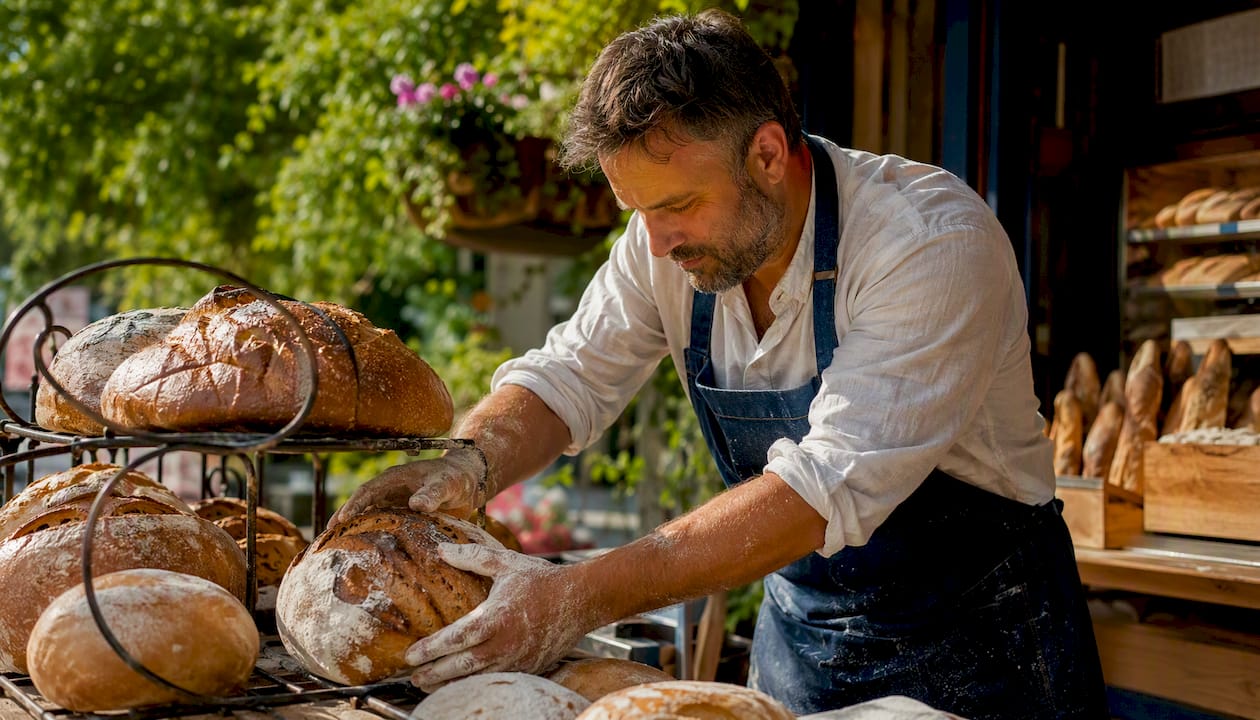 Baker arranging artisan bread in rustic bistro